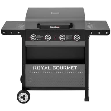 Royal Gourmet 4 Brûleurs Barbecue Gaz, Gril à Gaz sur Chariot de Puissance 10 KW avec Tables d’appoint Pliantes et Panier de Rangement, Adapté pour Jardin et Extérieur, Noir