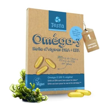 Omega 3 Vegan - Huile d'Algue haute concentration - 300 mg DHA + 150 mg EPA par capsule - Bénéfique pour le Cœur, le Cerveau et les Yeux - 100% Végétal - 60 capsules (2 Mois)