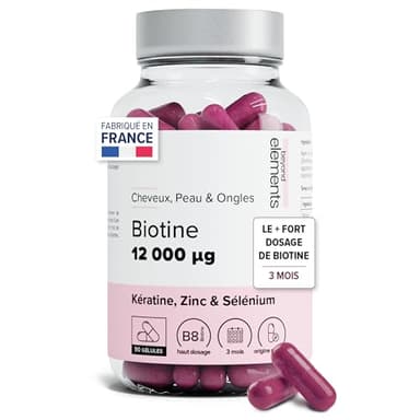 Biotine 12 000µg Haut Dosage Avec Keratine, Selenium & Zinc - Pousse Cheveux, Peau & Ongles - Cure 3 Mois - 90 Gélules Végétales - Beyond Elements