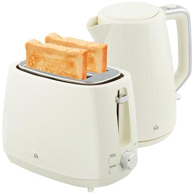 HOMCOM Toaster & Kettle Set 2200W Stainless Steel Electric Kettle 1,7L Toaster Bread Wide Slot for 2 Slices 3 Functions Cream