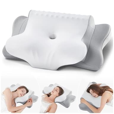 FAIORD Coussins lombaires Oreiller Ergonomique Cervical, Coussin Memoire Forme adapté aux Personnes Dormant sur Le Côté, Le Dos et Le Ventre, Oreiller Cervical avec Taie d'oreiller, Gris Blanc