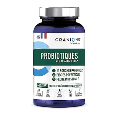 GRANIONS | Probiotique 45 Milliards d’UFC – Complement Alimentaire pour Flore Intestinale - Flore intime – Digestion Difficile, Ballonnements, Détox Foie Puissant et Rapide - 60 Gélules