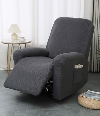 Hearda Housse de Fauteuil Relax Inclinable Electrique, Jacquard Gris Clair Housse pour Canapé Relax, Élastique Housse de Fauteuil Extensible 4 Pièces avec Poches