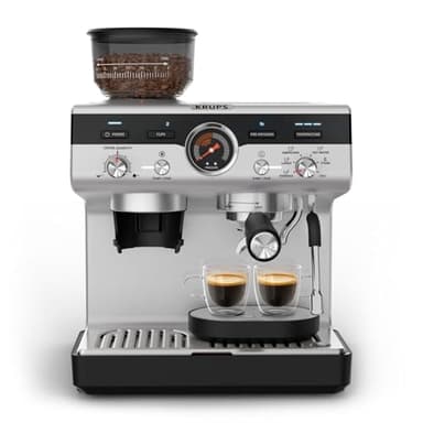 Krups Precision, Machine Expresso Manuelle avec moulin, 30 Niveaux de mouture, 15 Bars, Buse Vapeur, 3 Températures, Interface Intuitive, Cappuccino, XP801T10