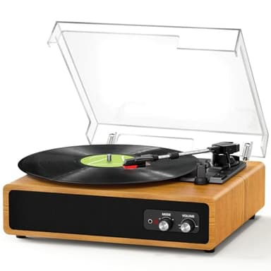 Platine Vinyle, FYDEE Tourne-Disque Vinyle Bluetooth avec Émetteur pour Enceintes, Portable avec 3 Vitesses 33/45/78 TR/Min, 2 Haut-parleurs Intégrés, Sortie RCA, Entrée AUX - Marron Clair