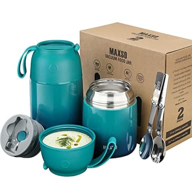 Boîtes Alimentaires Isothermes Set 500ml+700ml, Boîte Isotherme Repas Chaud en Acier Inoxydable avec Cuillère, Thermoisolant Boîte Récipient Thermique sans BPA pour Ecole Bureau(Bleu Vert)