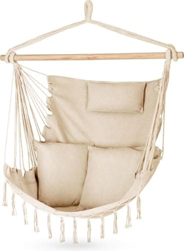 Outtec Chaise Suspendue avec 2 Coussins, Balançoire Hamac Suspendu - 100x130x75cm - BIS 150 kg - Fauteuil Suspendu Exterieur et Intérieur - Style Bohème Adapté à Tout Décor - Idéal Our Balcon, Jardin