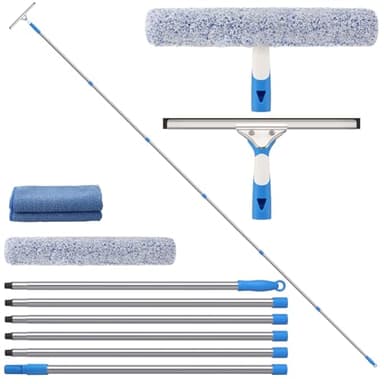 Mitclear Raclette à Vitres avec Long Manche(465cm), Nettoyeur Vitre avec Lame Silicone et Brosse Microfibre, Lave Vitre en Acier INOX, Kit de Nettoyage de Vitres Professionnelle pour Fenêtres/Voiture