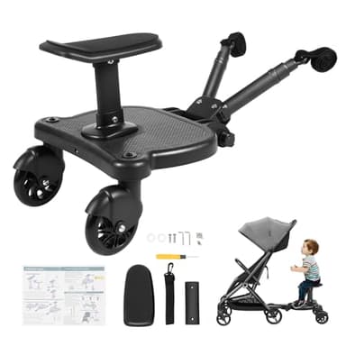 Planche Poussette Universelle, Skate Poussette Universelle avec Siège, Marche Pied Poussette avec Sac de Rangement, Sangle de Suspension, pour bébé pour, Enfants de 2 à 6 Ans, Charge 25KG Noir
