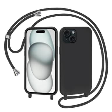 AOMYKE Coque pour iPhone 15 avec Cordon, Collier Étui Silicone Liquide avec Tour de Cou Lanière en Corde Souple TPU Antichoc Housse - Noir