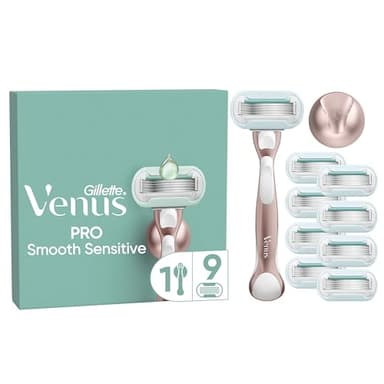 Gillette Venus Rasoir Pour Femmes Aux Peaux Sensibles Pro Smooth Sensitive, Manche Réutilisable, 9 Cartouches De Recharge A 5 Lames, Bande Lubrifiante Pour Protéger Contre L’Irritation Au Rasage