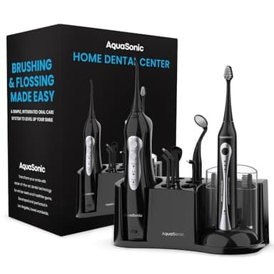 AquaSonic Home Dental Center Brosse à dents électrique rechargeable et hydropulseur intelligent – Système complet de soins bucco-dentaires familiaux – 10 accessoires et embouts inclus – Différents