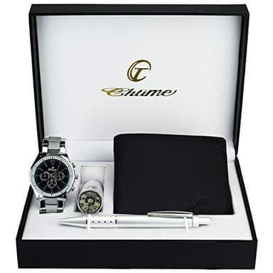 BELLOS Coffret Cadeau Montre Homme Noir - Lampe LED - Portefeuille -Stylo