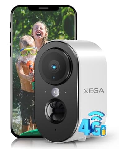 Xega 4G LTE Caméra de Sécurité Extérieur Intérieur avec Carte SIM, 2K HD Caméra IP Portable, Batterie 6000mAh, Détection de Mouvement PIR, Vision Nocturne Couleur, Audio 2 Voies, TF/Cloud, IP65