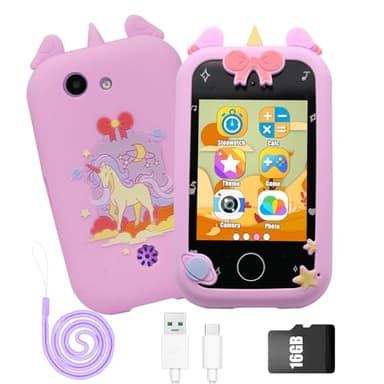 3T6B Telephone Portable pour Enfant, Smartphone pour Fille Garçon avec 16GB Card Musique Podomètre Alarme Caméra Livre Audio Lampe Poche, Téléphone Licornes, Cadeau Enfant 3-8 Ans
