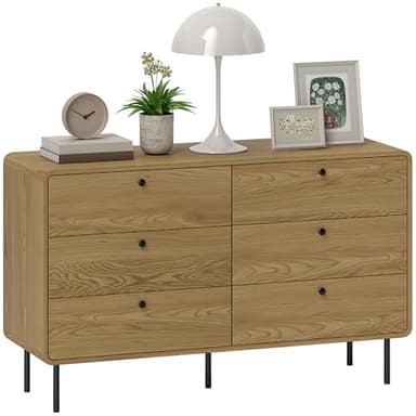 HOMCOM Commode 6 tiroirs, Meuble de Rangement étroit avec Pieds en Acier, Coins arrondis et poignées en Bois, Style Moderne, Commode pour Chambre à Coucher, Salon, Couloir, 120 x 40 x 75 cm, chêne