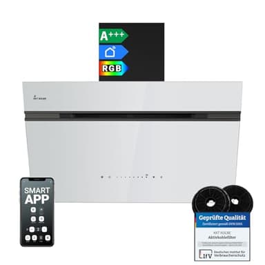 KKT KOLBE AURORA8005SW Hotte aspirante 80 cm 782 m³/h à recirculation d'air évacuée, hotte murale, verre noir et blanc, avec fonction de retardateur automatique, application Smart WiFi Wi-Fi