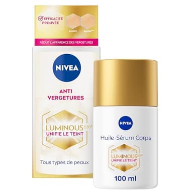 NIVEA Luminous630® Huile-Sérum Corps Anti Vergetures (1 x 100 ml), soin corps anti tache hydratation 48h réducteur de vergetures, soin femme pour tous types de peaux