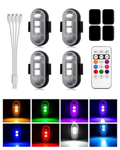 BrightArk Lot de 4 LED Lampe Stroboscopique pour Voiture Mini LED avec Télécommande sans fil 8 Couleurs Trois Luminosités et Chargement USB pour Drone, Vol de Nuit