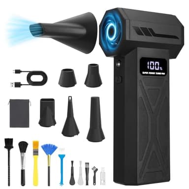 Souffleur à Air Comprimé, 110 000 tr/min, Mini Souffleur Sans Fil Puissant avec Batterie, 4 Vitesses, Lumière LED, Soufflette Électrique pour Nettoyage de PC, Voiture, Clavier, Ordinateur et Feuilles
