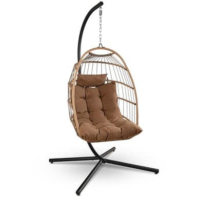 SereneLife Fauteuil Oeuf Suspendu avec Support – Rotin Tressé Pliable, Coussin Imperméable, Appui-Tête Confort pour Patio, Chambre, Véranda, Jardin