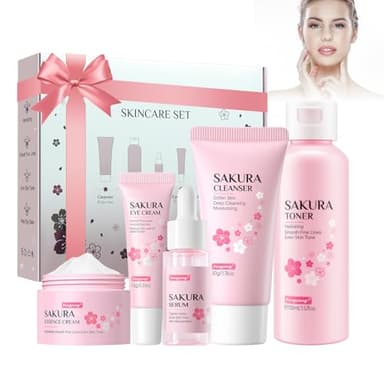 Fengyang®Ensemble de Soins Visage - Kit 5 Pièces (Crème, Sérum, Tonique, Nettoyant, Crème Contour des Yeux) - Hydratant & Anti-Âge - Idée Cadeau pour Femmes et Adolescentes Fille(5pcs)