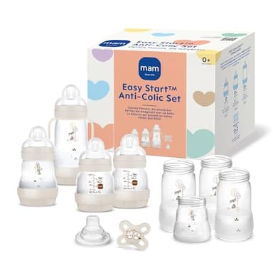 MAM Easy Start Kit de démarrage anti-colique, premier équipement de croissance pour bébé avec tétine, biberons et poignées, coffret cadeau pour bébé, dès la naissance, beige