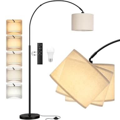 PreeOtti Lampadaire sur Pied Salon, LED E27 Lampe a Pied avec Télécommande, Lampadaire Arc Vintage, 3000K-6000K Intensité Variable pour Salon Chambre Bureau, Abat-jour Beige et Socle Noir, 180cm