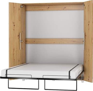 FurnitureByJDM Lit Escamotable 2 Personne - Lit Double Armoire Pliable - 160x200 cm - Pliant,Rabattable,Mural - Murphy Bed Vertical- Teddy (Chêne Artisan)