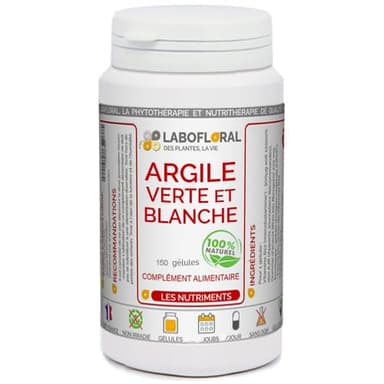 Argile verte et blanche Labofloral 150 gélules dosées à 420 mg - Complément alimentaire - vertus purifiantes et apaisantes du système digestif, cure détox- Fabriqué en France