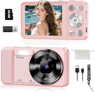 Appareil Photo Numérique 4K 64MP, Hoestr Appareil Photo Compact 64GB, Apareil Photo Portable avec Écran LCD 2,8", Zoom Numérique 18x, 2000mAh Batterie, Appareil Photo Digital pour Débutant Adolescents