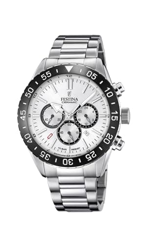 Festina Montre Homme Analogique en Acier Inoxydable Céramique Argenté - Quartz - Chronographe - Calendrier - Verre Saphir Haute Résistance - Étanche 10 ATM F20575/1 Ceramic