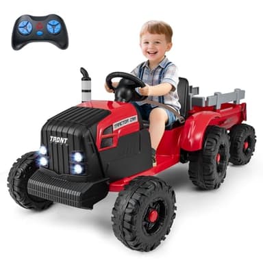 DREAMADE 24V Tracteur Électrique Enfant avec Remorque Amovible, Voiture Électrique avec 2 Moteurs & Télécommande 2,4 GHz & USB & Connexion sans Fil & LED, 3 Vitesses, 3+Ans (Rouge)