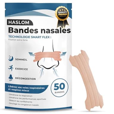 Haslom® 50 Bandelettes Nasales Premium, Améliore la Respiration et l’Oxygénation, Anti-Ronflement pour le Sommeil, Adhérence Maximale pour Sport et Sommeil
