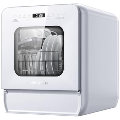 AIRMSEN Mini Lave-vaisselle de Table avec 7+2 Programmes, Design Ultra-Étroit & Profond 37 * 50cm, 4 couverts, Démarrage Différé 1-24H, Double Jet 360°, Réservoir d'Eau de 5L, Blanc (Blanc)