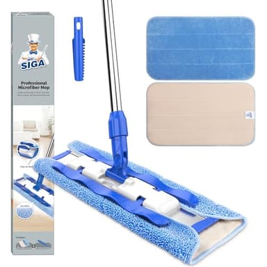 MR.SIGA Balai Serpillière Plat Professionnel avec 3 Chiffons Microfibre Réutilisables et 1 Brosse, Balai Nettoyage Sol Réglable à Long Manche INOX