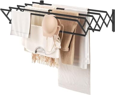 Youdenova Étendoir à linge pliable à fixation murale Tringle rétractable pour serviettes Porte-serviettes de salle de bain Séchoir à linge pour vêtements Pliable à l'intérieur en métal robuste (Noir
