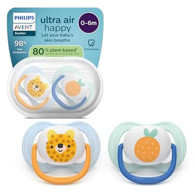 Philips Avent Sucettes ultra air - Tétines orthodontiques souple, pour bébés de 0 à 6 mois, en silicone d'origine végétale, sans BPA, avec étui de stérilisation, lot de 2, SCF080/23
