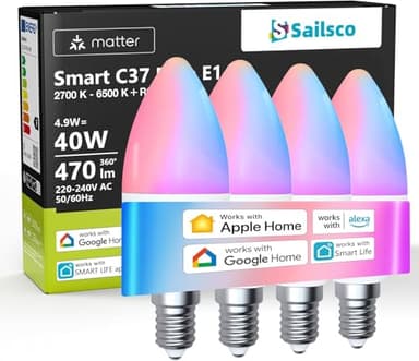 sailsco Ampoule Connectée Matter,Ampoule LED E14 WiFi Intelligente Compatible avec Alexa et Smart Life,Multicolore RGB & 2700K-6500K, Dimmable,4.9W équivalent 40W,Commande Vocale,C37 470LM,Lot de 4