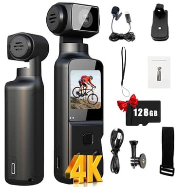 Générique Caméra de Poche 4K,Portable Caméra POV Vlogging avec Microphone Externe, avec Objectif Rotatif 270°, Mise au Point Rapide, écran Rotatif 1.3", Carte TF 128GB