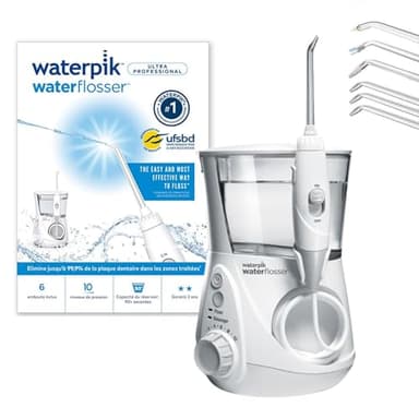 Waterpik – Hydropulseur Ultra professionnal, Jet dentaire avec 6 embouts et 10 niveaux de pression, Élimine la plaque, Blanc (WF-660EU)