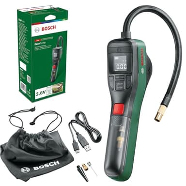 Bosch Pompe à vélo/Pompe à air/Mini-compresseur électrique EasyPump (Batterie 3,0 Ah, 3,6 V, Fonction Autostop, 150 PSI, 10,3 Bar, LED, Rechargeable Via câble USB-C, dans boîte Carton)
