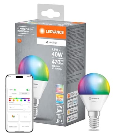 LEDVANCE SMART+ MATT LED lampe, compatible avec Google, Alexa, Apple, White Frost Optics, 4.9W, 470LM, E14, Color Light & White Light, avec Vocal Control, jusqu'à 20 000 HRs, 1-Pack