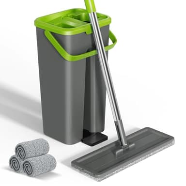 Eukue Balai Serpillère Essoreur avec Seau, Serpillère Microfibre Plat Rotatif 360°avec 3 Serpillères Réutilisables, 2 en 1 Seau Serpillere de Mains Libre pour Nettoyage Tous Types de Sols(Gris)