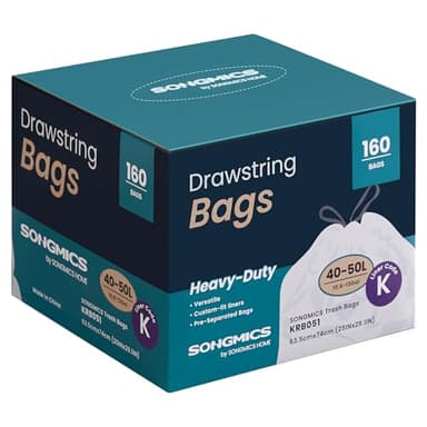 SONGMICS Sacs Poubelles Résistants, Sacs Poubelles à Liens Coulissants pour Poubelles de Cuisine 50 L, Pré-séparés, Code du Sac K, 4 Rouleaux, 160 Pièces, Blanc KRB051A04