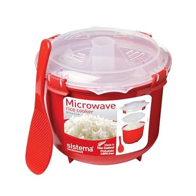 Sistema Micro-ondes Cuiseur à riz | Parfait pour cuire le riz, la polenta et le couscous | Medium 2,6 L | Non adhésif, sans BPA avec couvercle | Rouge/Transparent