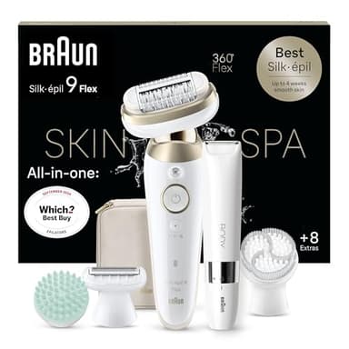 Braun Silk-épil 9 Flex SkinSpa All-in-One Kit épilateur pour femme/épilateur pour longue durée, mini rasoir pour le corps, 9-481 3D, blanc/doré