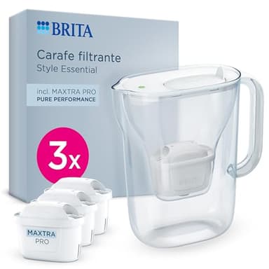 BRITA Carafe filtrante Style Essential blanche (2,4L) avec 3 MAXTRA PRO Pure Performance - Indicateur Smart Light, tient dans la porte du frigo, réduit* des impuretés, certains métaux & plus