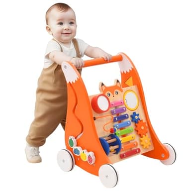 Trotteur Bébé,Chariot de Marche en wood ouet Enfant 1 an-Jouet en Bois avec Musique et trieur de Formes,Jouet Multifonction Montessori,Chariot de Marche en Bois,Cadeau pour Garçons et Filles
