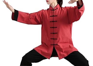 FUYUFU Coton et Lin Tenue de Tai Chi à Manches Longues Unisexe Vêtements D’Arts Martiaux Kung-fu Costume Ridé (Un Ensemble) (Veste jujube Rouge/Pantalon Noir, L)